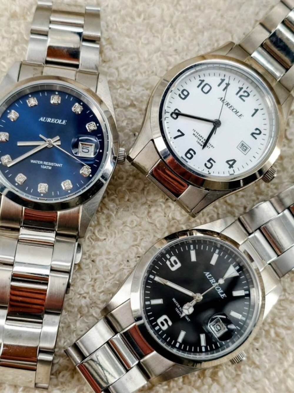 Aureole Unisex 3-Watch Set Quartz 36mm Black Blue White Dials JDM